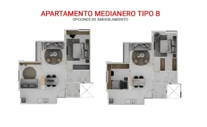 Opciones de amueblamiento apartamento medianero tipo B con área construida desde 51.00 m2 y área privada de 46.13 m2